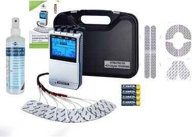 Пристрій TENS EMS STIM-PRO X9+ з 4 каналами та 8 електродних пелюшок 5x5 см для болісної терапії, масажу та нарощування м'язів. 4 канали, STIM-PRO X9+, axion® (2) X9, сертифікований медичний пристрій.