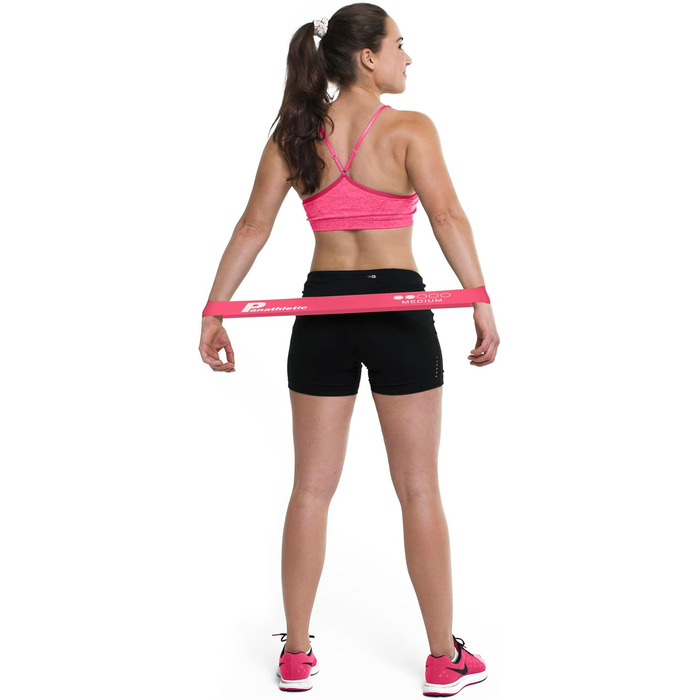 Фітнес-гумки Panathletic, набір 5 шт. – різні рівні опору, інструкція, eBook, сумка – 5 фітнес-гумок, гімнастичний еспандер, стрічка опору чорний, червоний, жовтий, синій, зелений (рожевий)