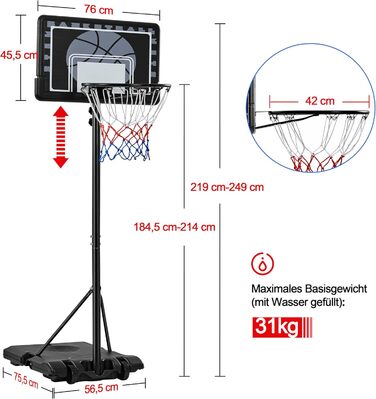 Баскетбольне кільце Yaheetech з регульованою висотою на стійці з колесами для вулиці та приміщення (76,5x56,5x249 см)