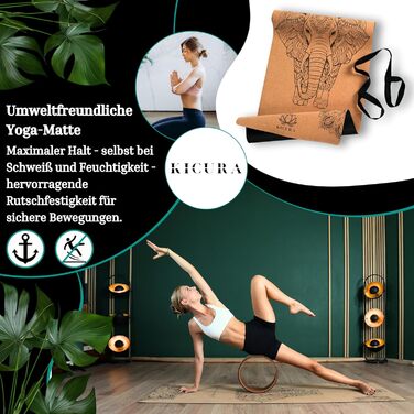 Йога-мат Kicura з корку та натурального каучуку з дизайном слона – неслизька преміум-мат, 4 мм, з ремінком – екологічна, 3 розміри (M, L, XL) (M - 173x61x0,4 см)