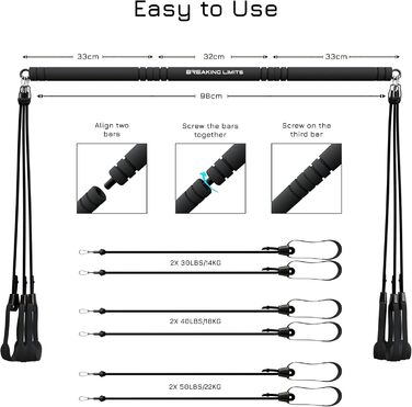 Пілатес Бар для фітнесу Breaking Limits - набір зі стійкою та 6 гумками для дому. Сталь, піна, чорний ремінь