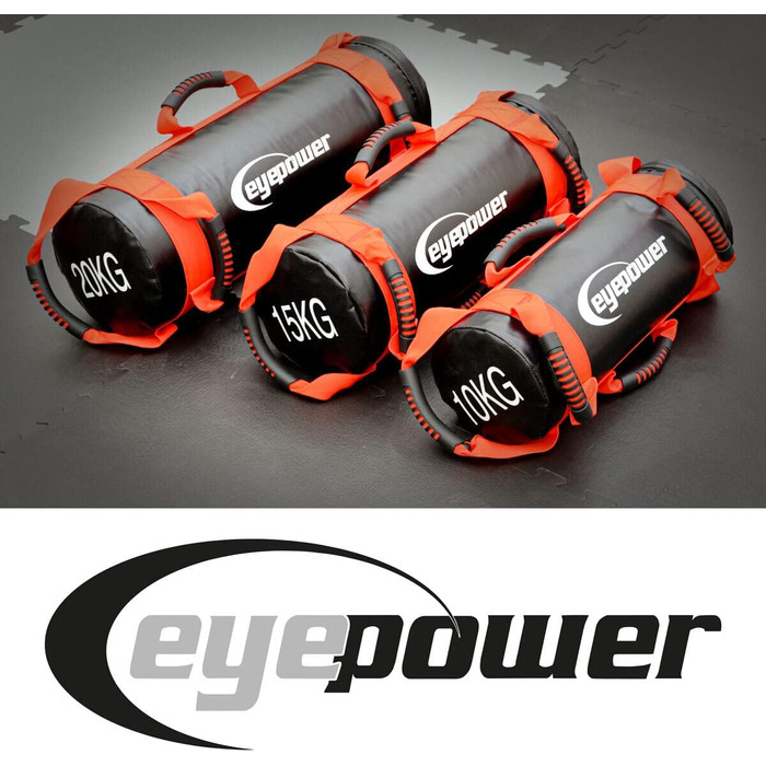 Eyepower професійний силовий мішок 20 кг + 4 водонепроникні кеглі з залізним піском, 6 ручок, фітнес сендбег для дому, тренажер для преса та спини, чорний