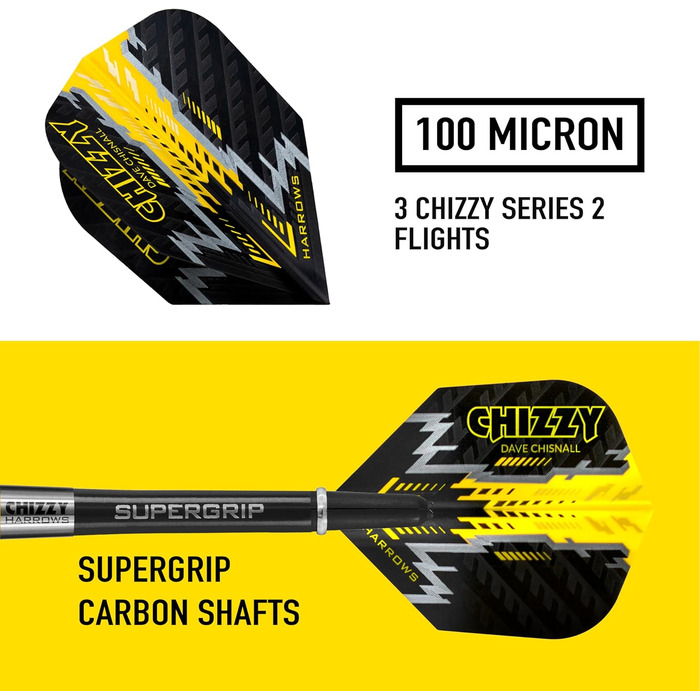 Дротики Harrows Dave Chisnall Chizzy 80% вольфрамові з сталевим вістрям 21г, 22г, 23г, 24г, з чорними Supergrip Midi хвостовиками, Prime оперенням і кейсом для транспортування