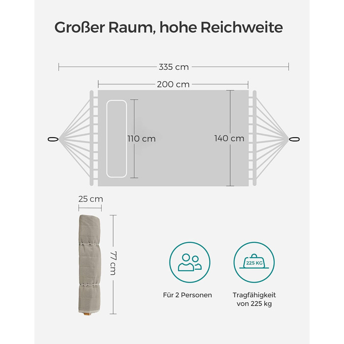 Гамак SONGMICS для 2 осіб з подушкою, сірий-бежевий, 200 x 140 см, до 225 кг, з бамбуковими стійками