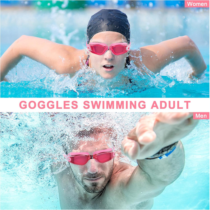 Окуляри для плавання дорослі та дитячі - антизапарник, HD лінзи, захист від УФ, водонепроникне ущільнення для тренувань, пляжу/басейну - зручна посадка, унісекс. Окуляри для плавання чоловічі та жіночі (2600-PINK)