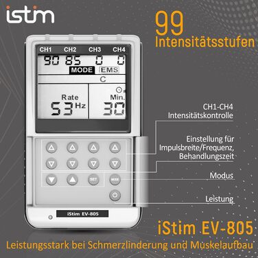 iStim EV-805 TENS EMS: 4-канальний апарат для електростимуляції та масажу - зняття болю в спині, шиї, плечах, ногах. Комплект з 16 електродів та батарейками AA