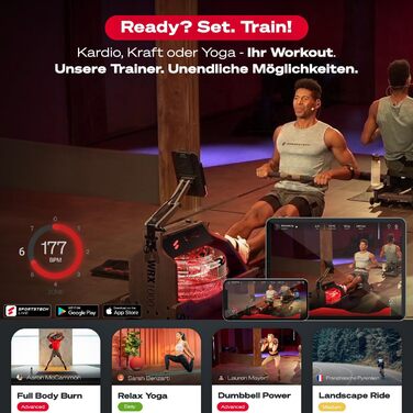 Sportstech WRX1000: Гребний тренажер з водяним опором для дому. Масивне дерево, LED-дисплей, підтримка додатків та планшета. Німецька якість.