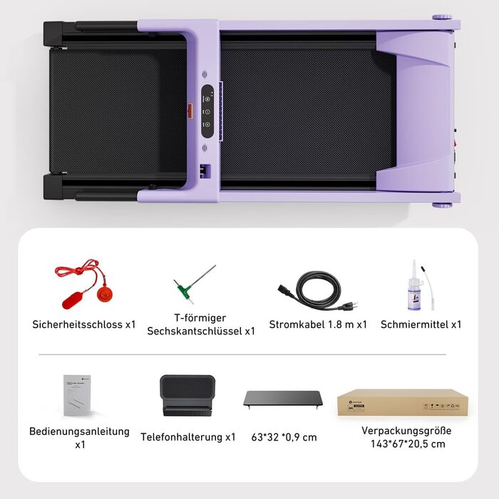 Біговий тренажер DeerRun з підтримкою High-Tech пристроїв, 158 кг, APP-керування, 2573W, складний, з курсами та мультиплеєр, фіолетовий