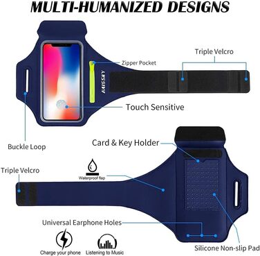 Спортивний браслет на руку для бігу з відділенням для навушників та ключей, тримач для телефону, браслет для бігу з кишенею для карт для iPhone 16 Pro Max/15 Pro/14/13 Pro/12 Plus, Marine (до 6.9 дюймів)