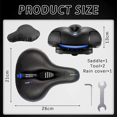 Комфортний велосипедний сідло, гелевий, широкий, м'який, дихаючий, амортизуючий, ергономічний, з водонепроникним чохлом та інструментами для встановлення, 26 * 21.5 см, блакитний