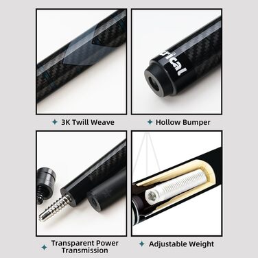 CRICAL Більярдний кий з карбону, 147.3 см, професійний, з'єднання 3/8 x 8, наконечник 12.5 мм, CL-01