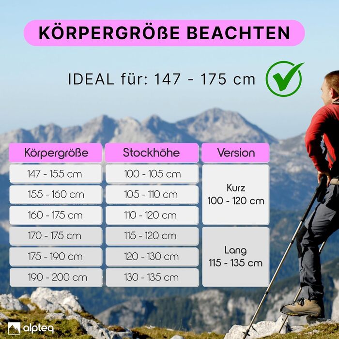 Тrekking-стійки для ходьби та гірських прогулянок: карбонові та алюмінієві, з ручками з корку | Дамські та чоловічі | Телескопічні, регульовані (алюміній 100-120 см, рожевий)