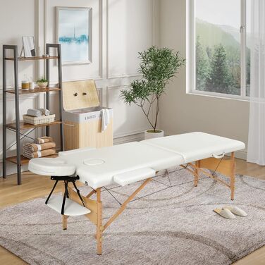 Масажне ліжко Mondeer з 2 зонами, регульована висота, складане, з дерева, для салону краси, з підголовником та підлокітниками (біле)