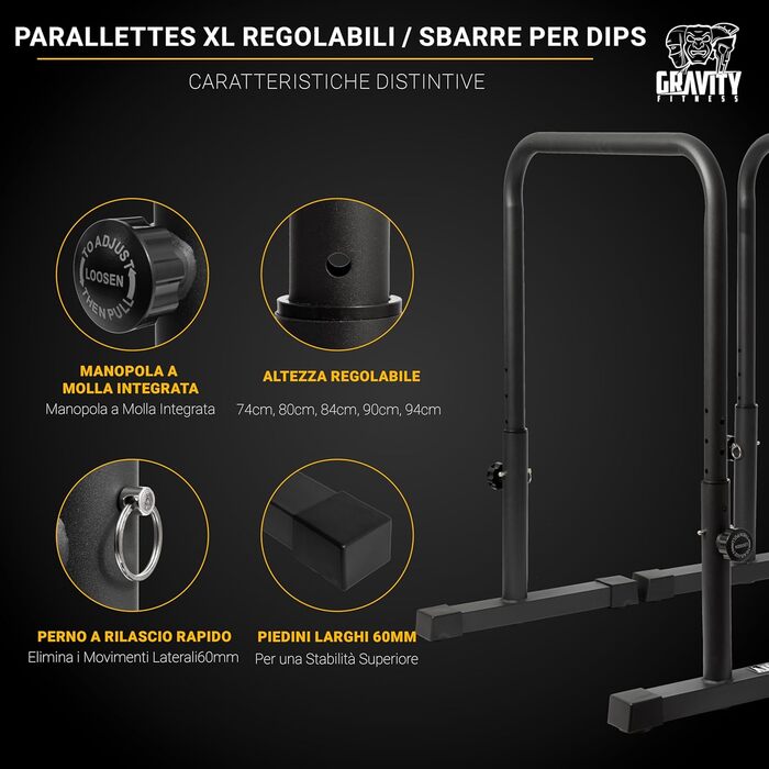 Паралети Gravity Fitness XL, регульовані бруси для калістеніки та домашнього спортзалу, 38 мм ручки для віджимань, L-сіту, підтягувань, міцні турнік-бруси для силових тренувань