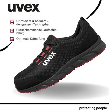 Робоче взуття Uvex 1 Dynam-x S1 PL - легке, дихаюче, металозахисту немає, ESD, антиковзаюче, чорно-червоне, розмір 40 EU, для чоловіків та жінок, веганський, ширина 11