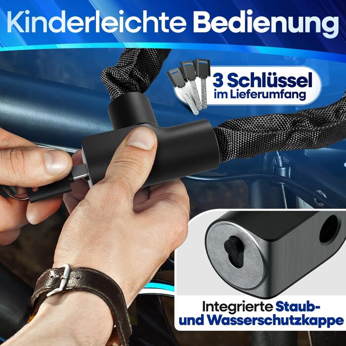 NEXTCOVER® LockOne Замок для велосипеда з ключем I Надійний та міцний ланцюговий замок I Захист від крадіжки, 3 ключі, чорний колір