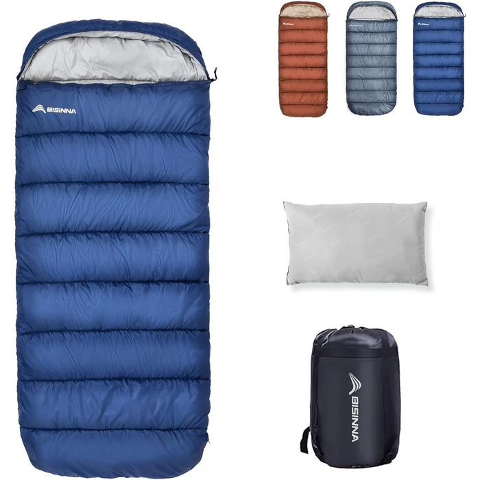 Спальний мішок BISINNA XXL для великих дорослих, 3-4 сезонний, зимовий, теплий, ковдровий, для кемпінгу, великий розмір, синій, ліва блискавка, 2.5 кг
