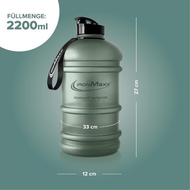 Вода IronMaxx Gallon - 2200 мл | Без BPA та DEHP | Питною пляшка з мірною шкалою, вибір кольорів (Матвий мінеральний зелений)