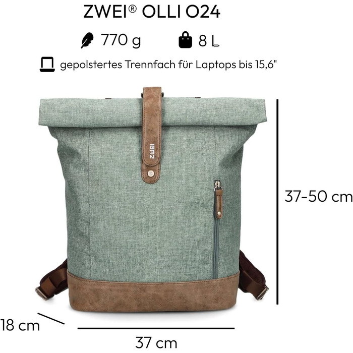 Рюкзак Zwei Olli O24 Rolltop 15 л водонепроникний, міцний, у стилі канвас, для школи та ноутбука, для підлітків, жінок і чоловіків