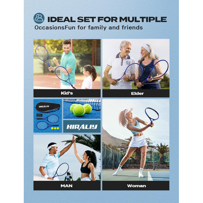Набір тенісних ракет HIRALIY для дорослих, 68.6 см, з попередньою натяжкою, 2 ракетки, 2 овергрипи, 3 м'ячі та сумка, для початківців, блакитний