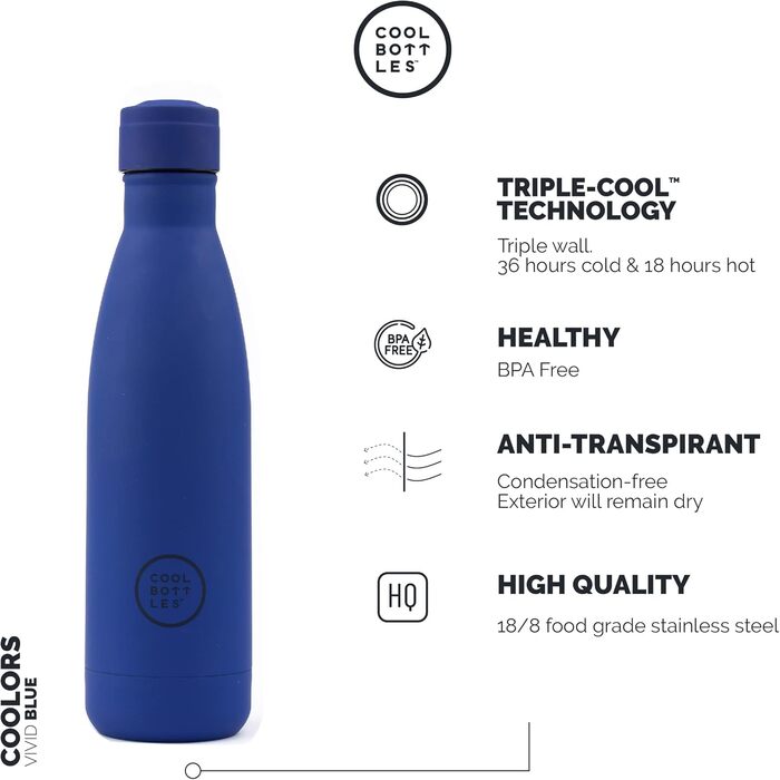 Термос-пляшка з нержавіючої сталі Cool Bottles Vivid Blue 750 мл, тримає холод 36 годин, тепло 18 годин, BPA-free