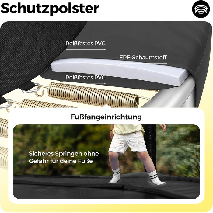 Трамплін Sekey Outdoor Ø 244/305/366 см - сертифікований TÜV Rheinland GS, дитячий, для саду з безпечним мотузковим драбиною, посиленим захисним сіткою та захисним бордюром (Чорний, 366 см/12 футів)