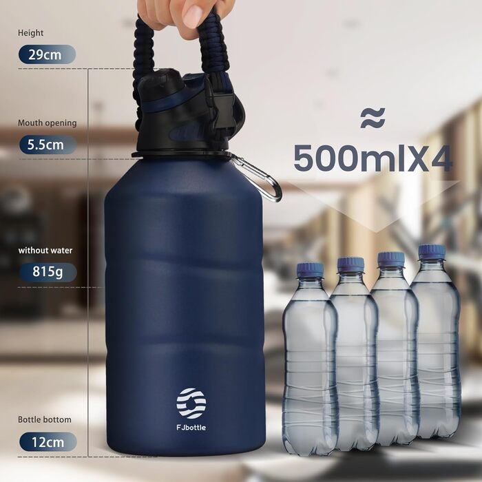 Fjbottle спортивна термобутилка з нержавіючої сталі 1900 мл з магнітною кришкою, без BPA, герметична, для газованої води, спортзалу, школи та фітнесу