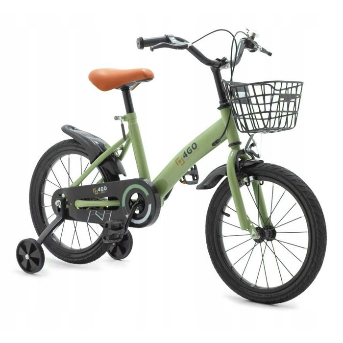 Дитячий велосипед 16 дюймів із бічними колесами та кошиком, колір хакі