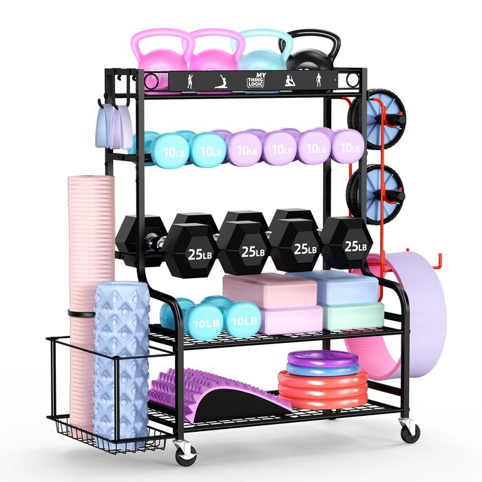 Органайзер для йоги Mythinglogic Regal: килимок, роли, гантелі, блоки. Стенд для фітнес-обладнання. Чорний