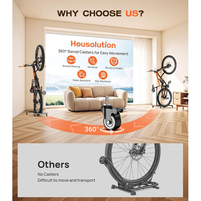 Підставка для велосипеда Housolution вертикальна з колесами, регульована по висоті, без свердління, для гаража та квартири, вантажопідйомність до 80 lbs, 1 шт.