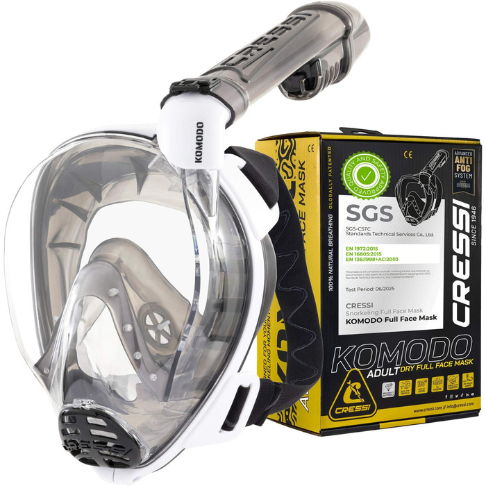 Маска для снорклінгу CRESSI Komodo Full Face Dry – повна маска з широким оглядом 180°, захистом від CO2, антизапітніючого силікону та бічним трубою. Розмір S/M, білий/чорний.