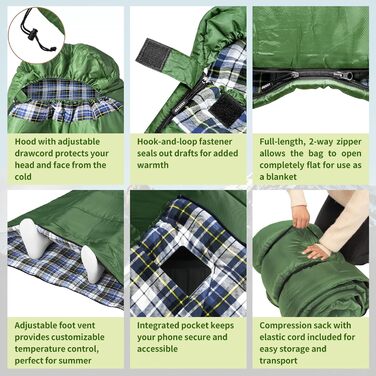 Спальний мішок GEERTOP XXL для всіх сезонів, 220x100 см, фланель, для дорослих, кемпінг, подорожі, піші прогулянки (зелений)