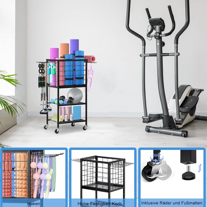 Стійка для гантелей та йога-матів LIANTRAL з колесами та гачками, чорна. Багатофункціональна стійка для зберігання спортивного обладнання для дому