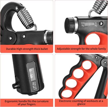 Регульований ручний тренажер для зміцнення рук та пальців, 5-100 кг, червоний