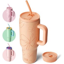 Термос пляшка 1.1 л з нержавіючої сталі з ручкою та трубочкою, BPA Free, герметична, для подорожей, офісу, спорту, з малюнком жовті квіти