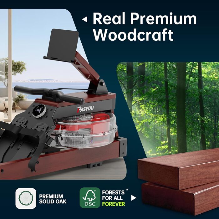 PASYOU Гребний тренажер для дому з дуба, складаний водяний рушникоріз з Bluetooth дисплеєм та 30-денною безкоштовною підпискою на Kinomap, рушникоріз з регульованим тримачем для планшету, вантажопідйомність 150 кг, PW60, коричневий