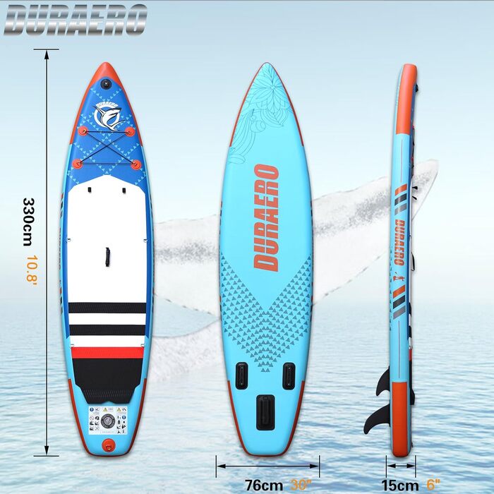 Надувна SUP-дошка для сапбордингу 330x76x15 см з комплектом: каяк-сидінням, кріпленням для камери, інтегрованим кікпадом, 3 плавниками, регульованим двостороннім веслом, повним набором аксесуарів, вантажопідйомністю до 150 кг