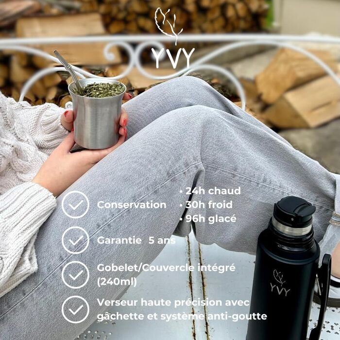 Термос YVY Mate Tempera 1 л з нержавіючої сталі, BPA-free, з калабасою 240 мл, тримає тепло 24 год і холод 30 год, з точним носиком, 5 років гарантії