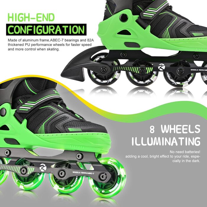 Роликові ковзани Kuxuan для дітей та підлітків, регульовані, зі світлодіодами, розмір Large (EU 37.5-41)