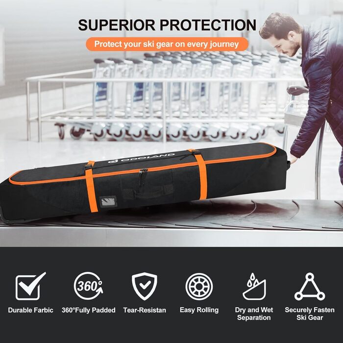 Чохол для лиж з роликами Odoland, водонепроникний, 190 см, для 2 пар лиж/спортивного взуття, помаранчевий