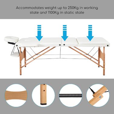 Мобільна массажна кушетка Mondeer, складана терапевтична кушетка, легкий масажний стіл, регульована висота, 3 зони (білий)