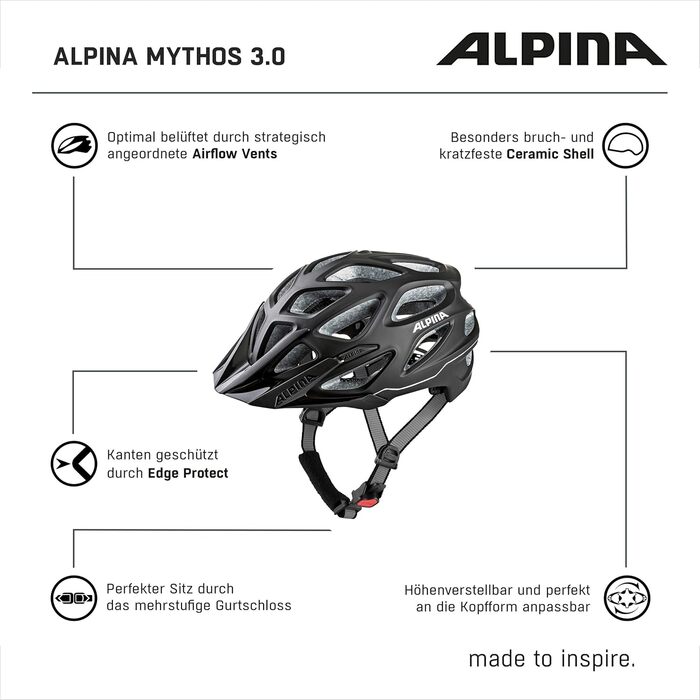 Велошолом Alpina Mythos 3.0 для дорослих, легкий, з вентиляцією та антибактеріальними подушками