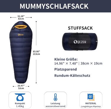 Спальний мішок зимовий Daunenschlafsack з графеновим покриттям -24°C, 1450г, 620FP, темно-синій, для кемпінгу, трекінгу та походів