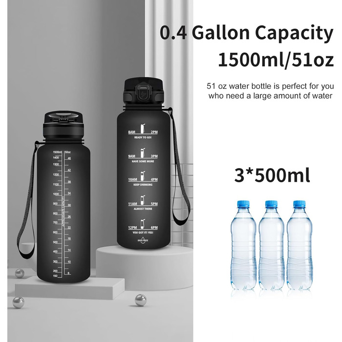 Спортивна пляшка для води Grsta 1,5 л, BPA Free, з фільтром, для газованої води, герметична, з таймерами, для спортзалу, школи, офісу та активного відпочинку, чорна