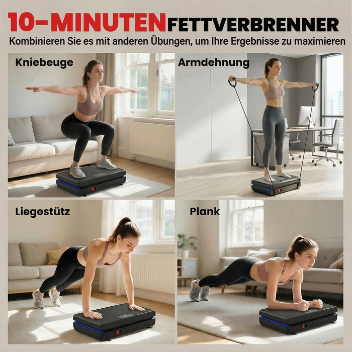 Віброплатформа з 120 рівнями інтенсивності, 5 програмами, LED-підсвіткою, гумовими амортизаторами та ременями опору