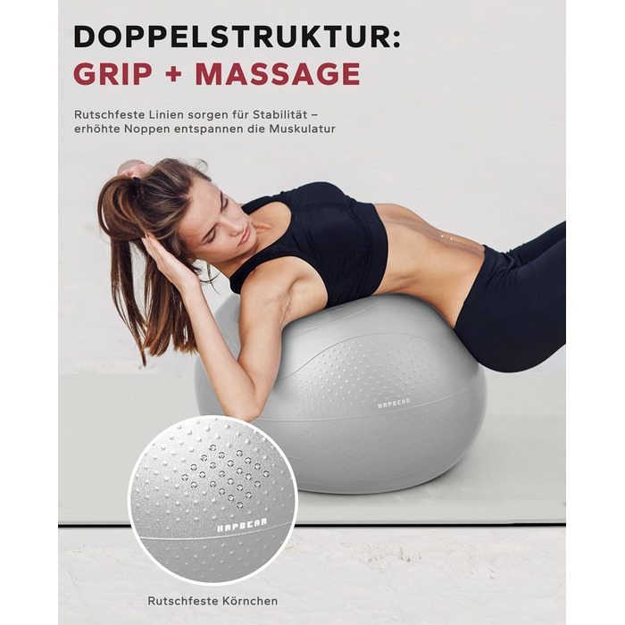 Гімнастичний м'яч HAPBEAR 55/65/75 см – Анти-вибух, з масажними поплавками, для фітнесу, офісу та йоги (сірий)