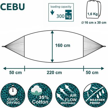Гамак yourGEAR Cebu XXL 220x160 см, бавовна, 2 особи, до 300 кг, смарагдовий/блакитний, з сумкою