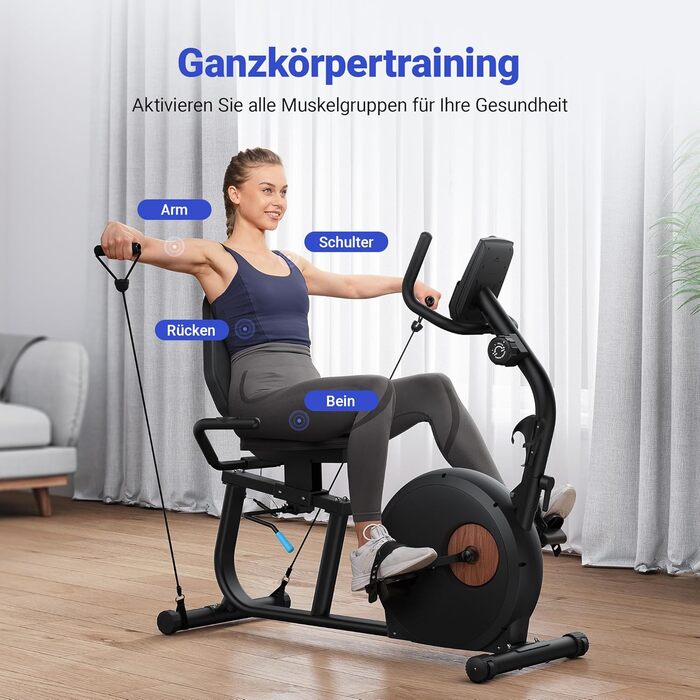 Велотренажер MERACH Liegeergometer для дому з 8 рівнями регулювання опору, Bluetooth, LCD-дисплеєм, датчиками пульсу та регульованою спинкою, чорний