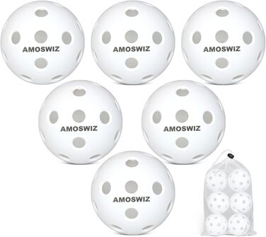 Набір м'ячів для піклболу (6 шт.) з сумкою для сітки, 26 отворів, білі - для тренувань та турнірів