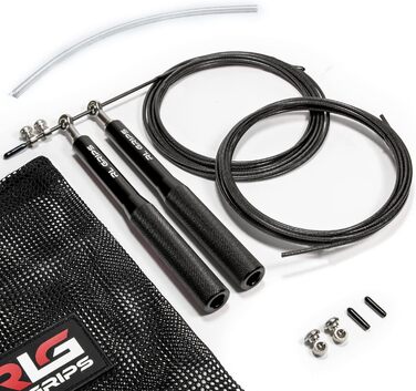Скакалка для кросфіту RL Grips® з алюмінієвого сплаву з неслизькою ручкою - Скакалка з тросом 2 мм - Скакалка для кардіо, фітнесу, тренажерного залу, чорна (скакалка + запасні частини)